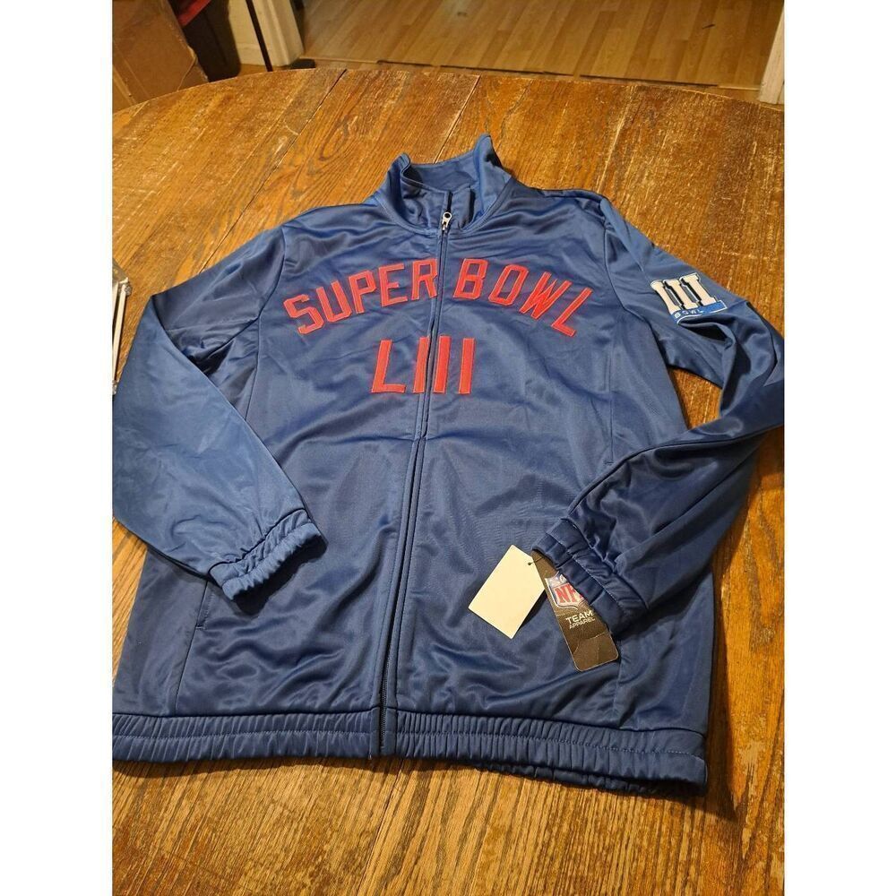 New NFL Super Bowl LIII Track Jacket Men L Blue Red White Zip Front Fleece Lined